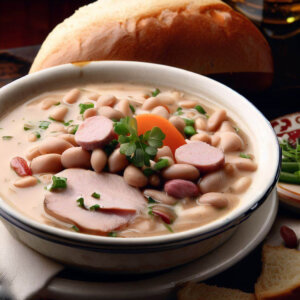 Bowl of McGuire’s Pub Senate Bean Soup garnished with fresh herbs and served with crusty bread