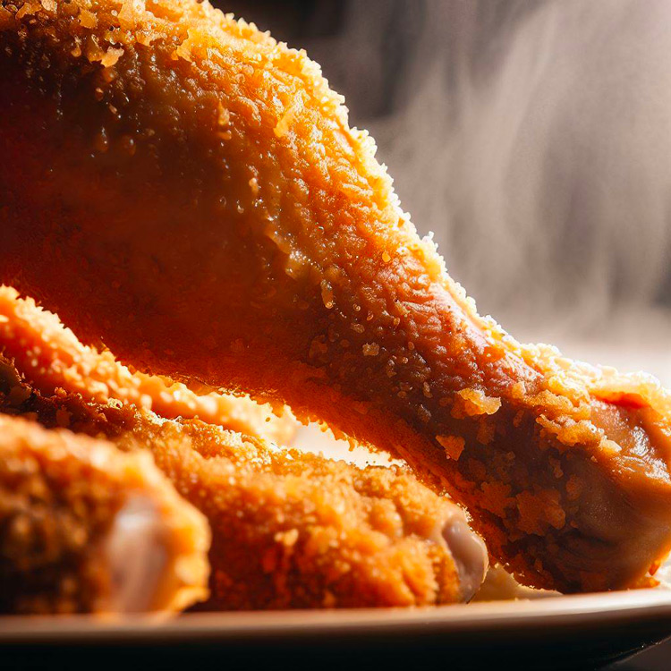 Close-up of a steaming crispy chicken leg and drumstick on a plate