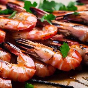 Pile of Texas Roadhouse grilled shrimp skewers on a wooden serving board